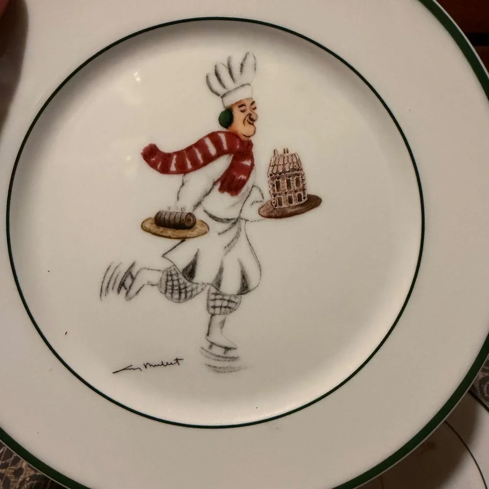 Guy Buffet Salad Plates Skating Chefs Whimsical Kitchen Set of 6 White multi
